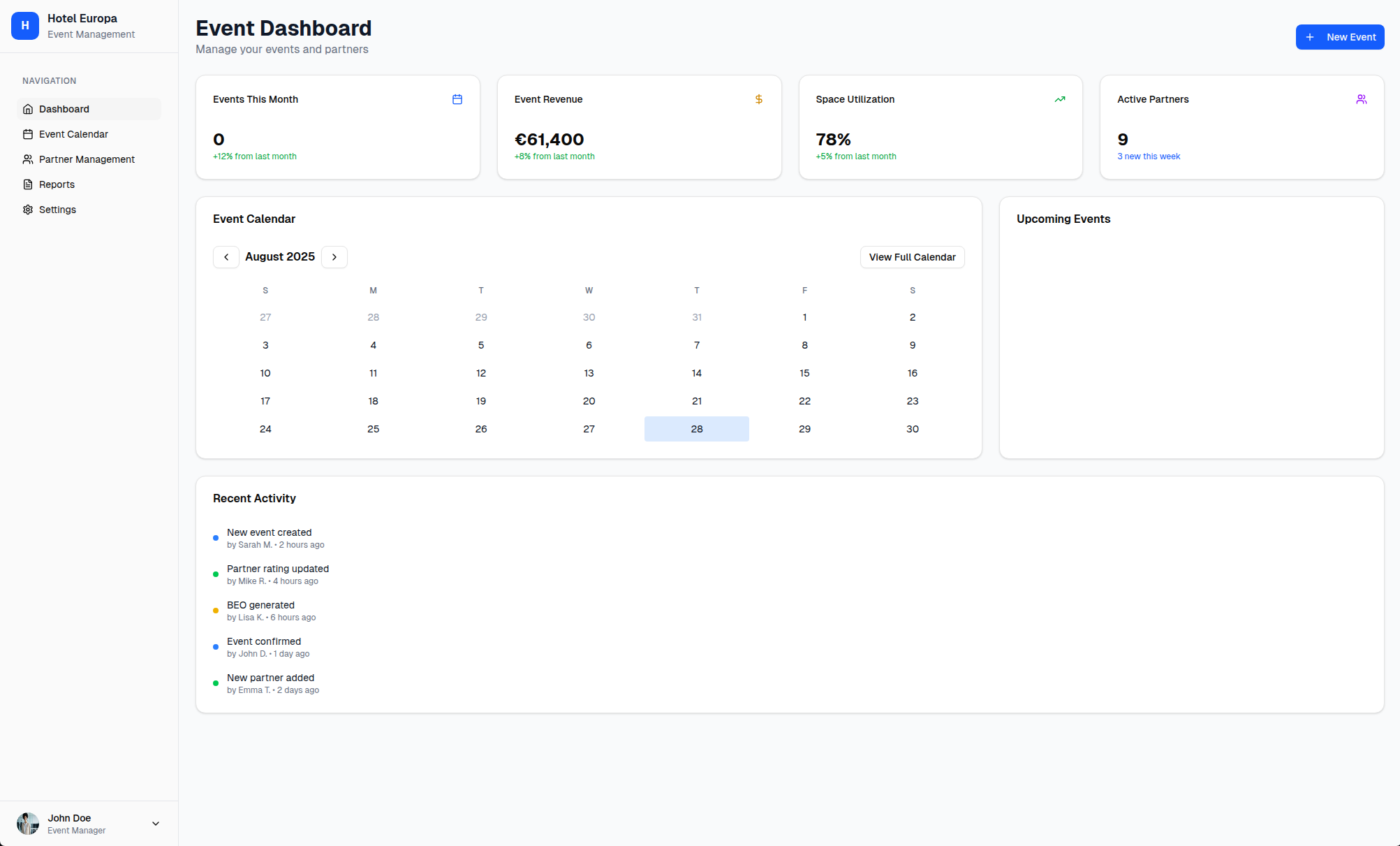 Event management software interface